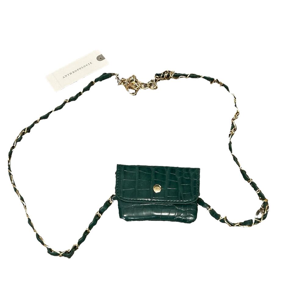 Anthropologie Forest Green Croc-Embossed Mini Belt Bag with Gold Chain